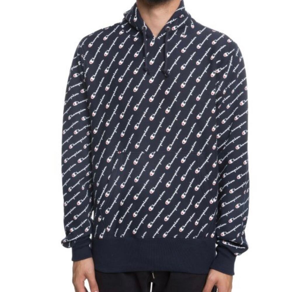 Champion Reverse Weave All Over Print Hoodie Blue White Small